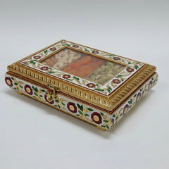 All-side Meenakari design on a wooden dry fruit box showcasing intricate Rajasthani metal sheet craftsmanship.