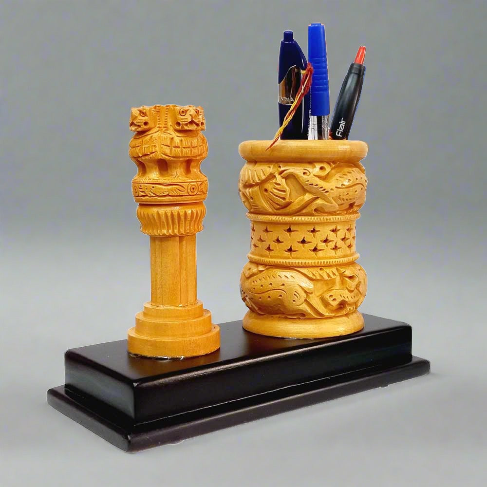 Handcrafted Ashok Pillar wooden pen stand, a perfect office gift item.