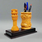 Handcrafted Ashok Pillar wooden pen stand, a perfect office gift item.