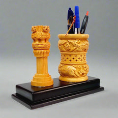Handcrafted Ashok Pillar wooden pen stand, a perfect office gift item.