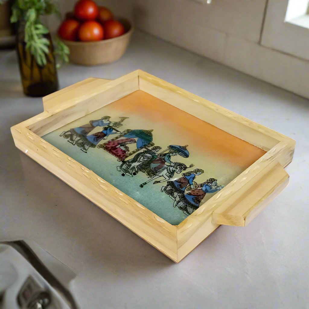 Handcrafted wooden tray featuring real gemstone painting design