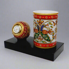 Hand-Painted Marble Clock with Pen Holder – Artistic Desk Organizer for Professionals