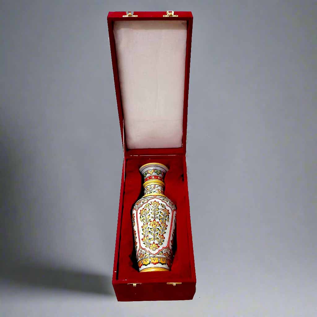 Premium white marble vase with colorful detailing, packed in a velvet box for a sophisticated presentation.