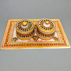 A handcrafted marble platter with two storage boxes, ideal for organizing small items.