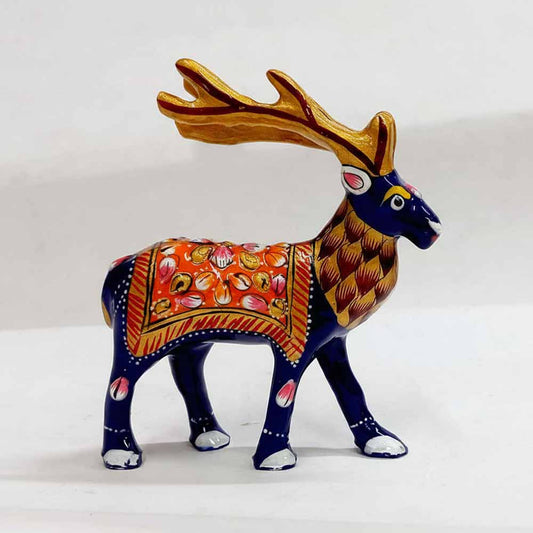 Handcrafted Meenakari metal deer statue with blue enamel body and multicolor accents, 10cm height