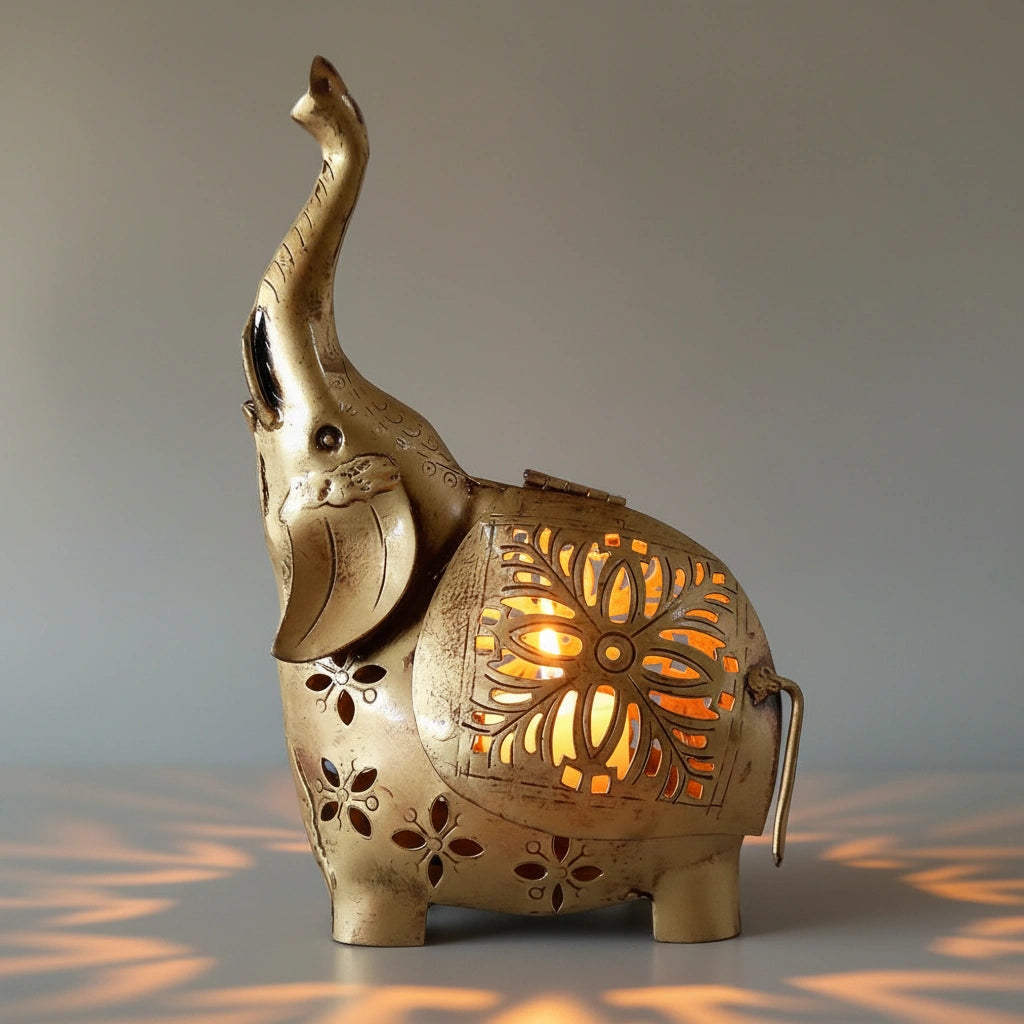Handcrafted metal elephant figurine with internal candle holder for warm ambient lighting.
