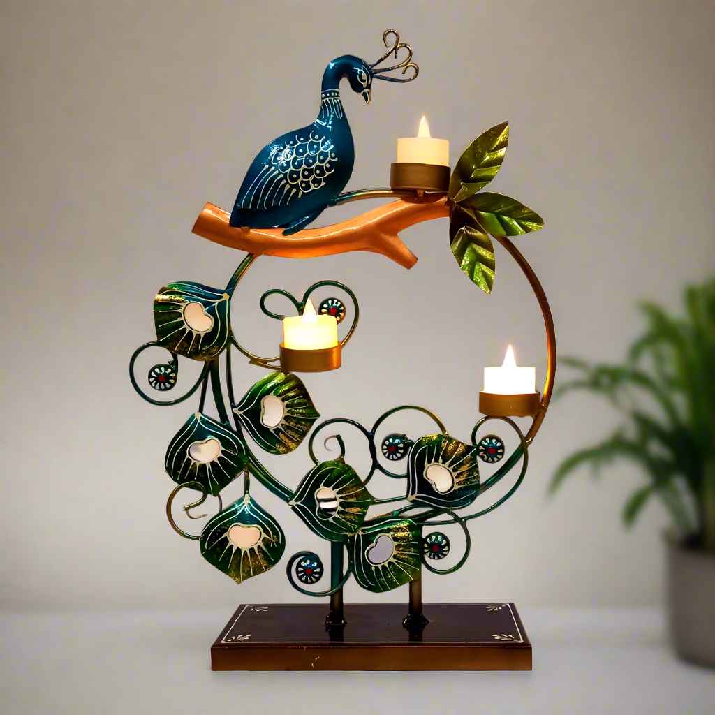 Antique-Peacock style metal tealight candle holder for Diwali decorations and cozy lighting
