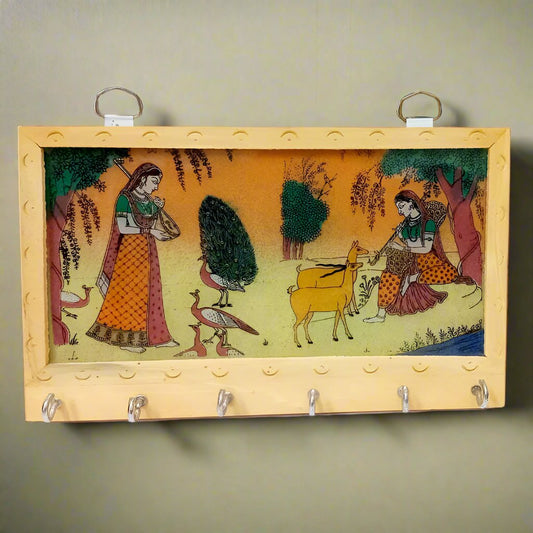 Pine Wood Key Holder with Handcrafted Gemstone Painting on Glass Base