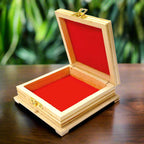 Jaipur handicraft pine wood box with vibrant gemstone painting and red velvet lining – stores bracelets, coins & return gift.