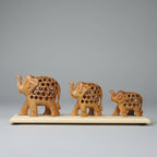 Close-up of traditional undercut carving on a Kadamb wood elephant bridge, showcasing the hollow lattice design and natural wood grain.