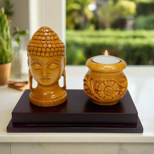 Wood Carved Buddha Showpiece with Candle Holder – 16cm Spiritual Decor Accent
