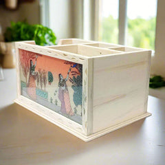 Handcrafted wooden desk organizer with gemstone painting, ideal for gifting.
