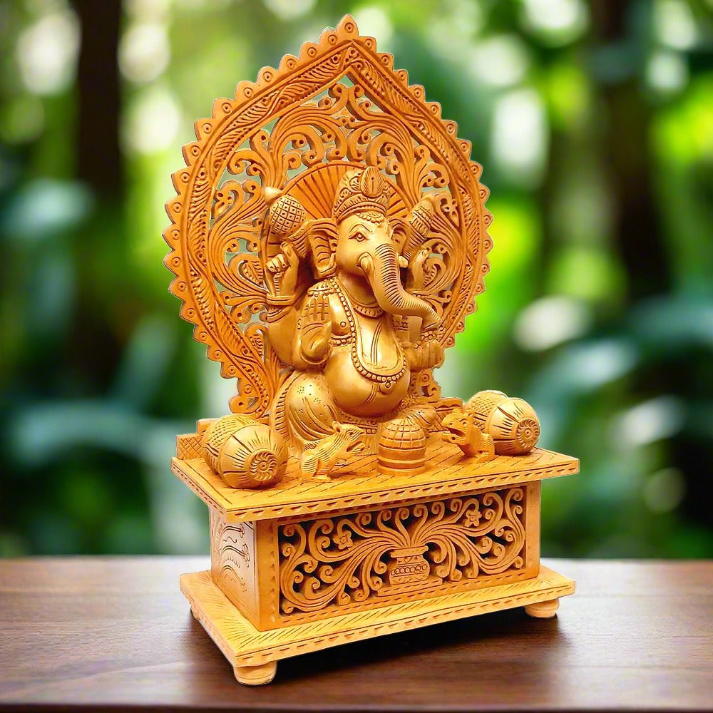 Handcrafted wooden Ganesha idol with floral carved arch and lattice design.