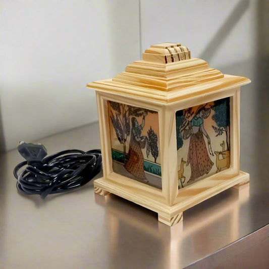 Artistic wooden lamp featuring traditional Ragini design with hand-painted gemstones, perfect for cozy home decor.