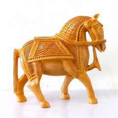 A handcrafted wooden animal statue, showcasing a walking horse.