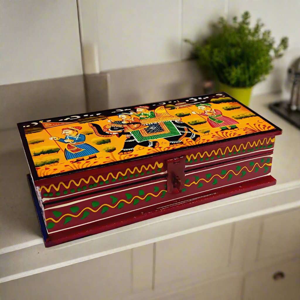 Decorative hand-painted wooden jewelry organizer with cultural patterns