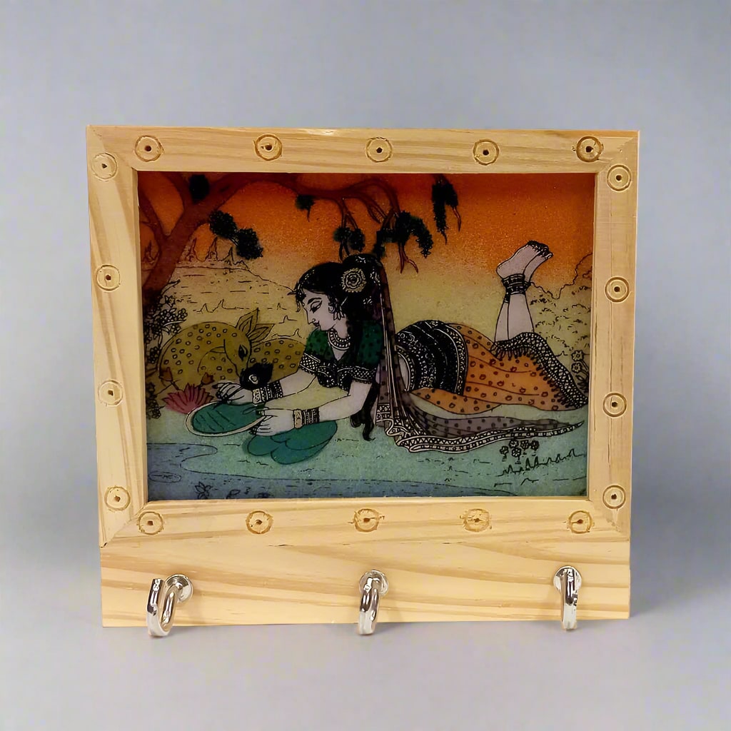 Elegant wooden wall key holder with 3 hooks and colorful gemstone artwork.