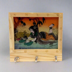 Elegant wooden wall key holder with 3 hooks and colorful gemstone artwork.