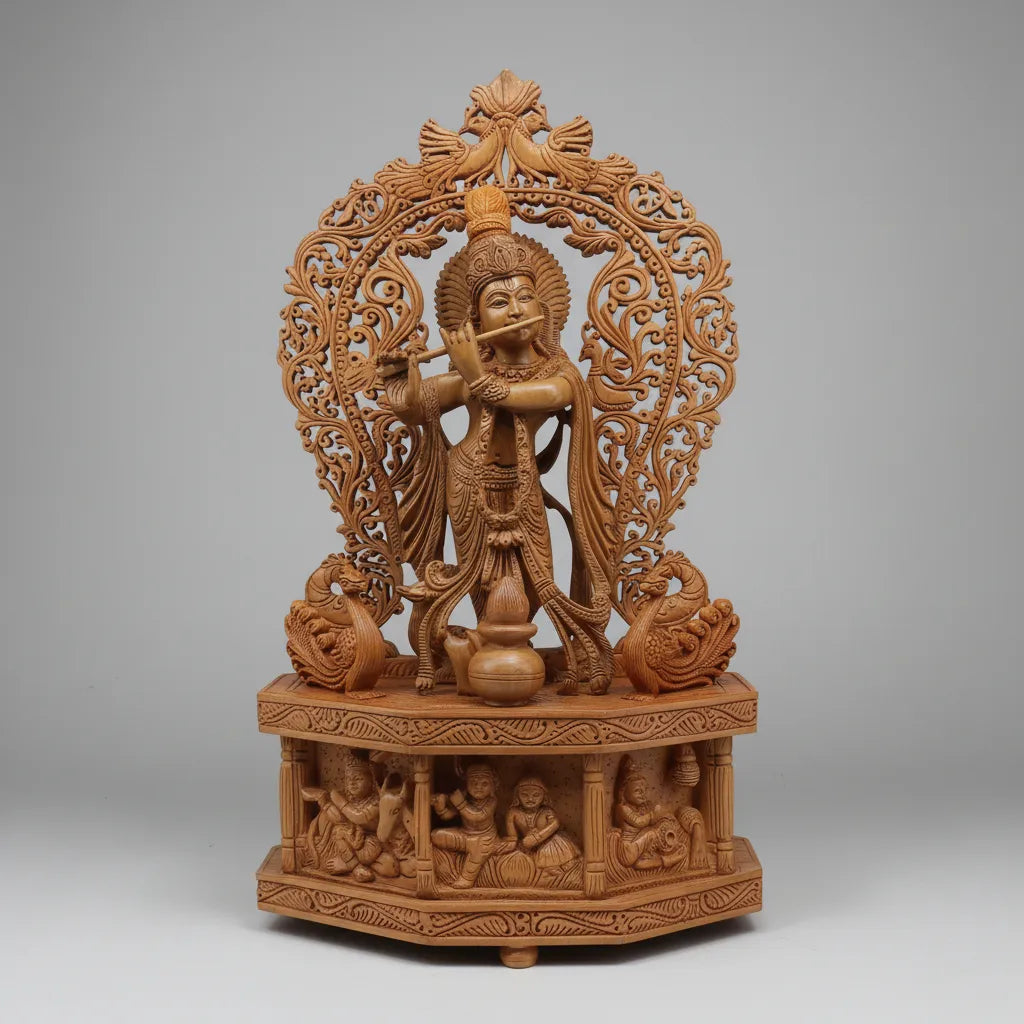 Handcrafted wooden Krishna idol with intricate jali arch and peacocks — Jaipur wood carving