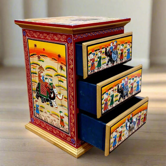 Handcrafted wooden painted chest of drawers with traditional Rajasthani miniature art