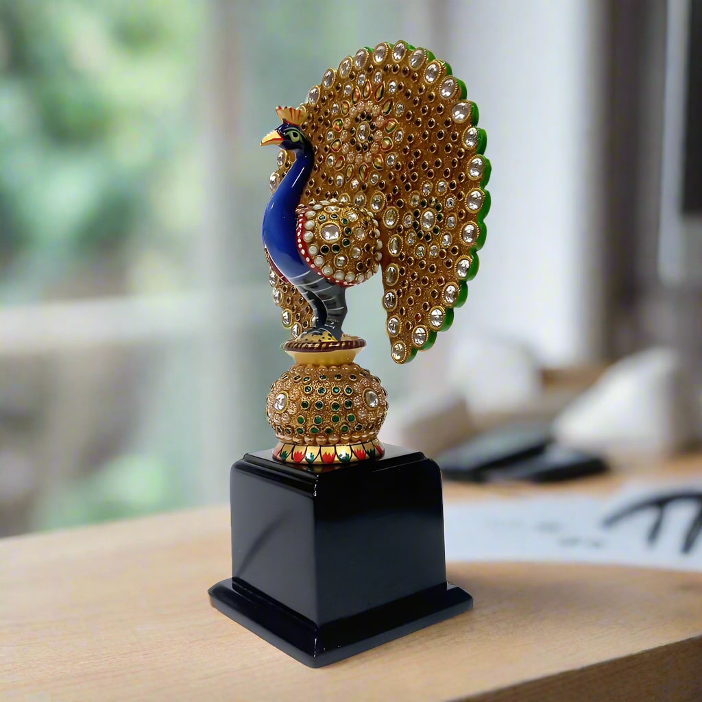 Handcrafted wooden peacock trophy and office decor