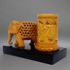 Handcrafted Wooden Pen Stand Featuring Detailed Elephant Sculpture with Undercut Design
