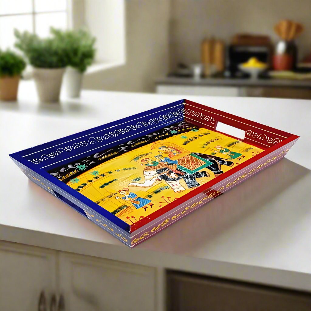 Decorative wooden serving tray with vibrant Jaipuri hand painting