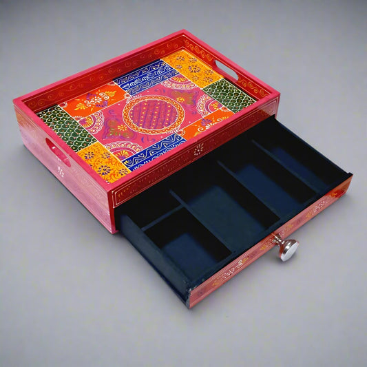 Colorful hand-painted wooden organizer tray with drawer, ideal for storing tea, coffee sachets, or cutlery.