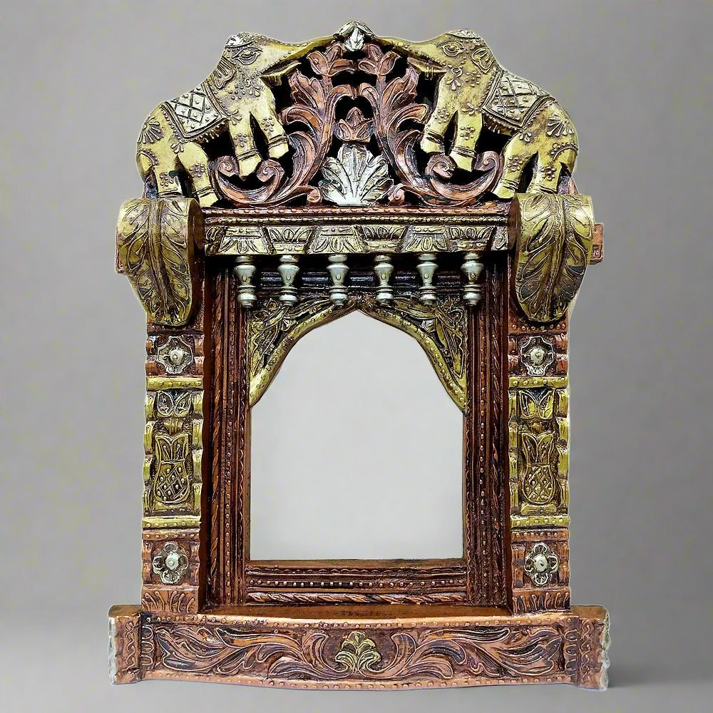 A handcrafted wooden window frame wall hanging with a traditional design.