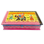 A handcrafted wooden box with a vibrant miniature art design on the lid.