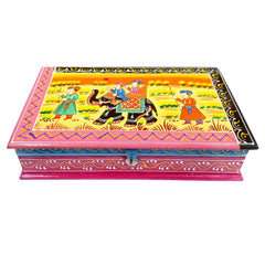 A handcrafted wooden box with a vibrant miniature art design on the lid.