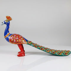 Handmade metal peacock statue with multicolor Jaipuri Meenakari enamel painting for home decor.
