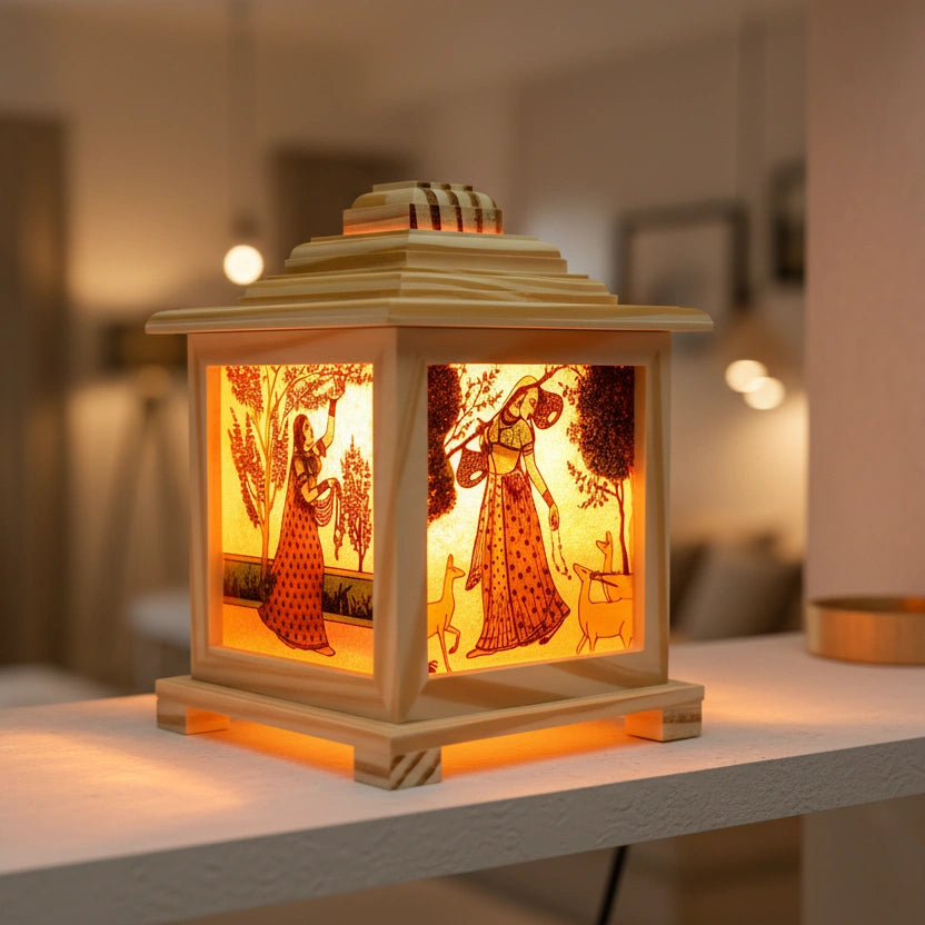Square wooden bedside lamp made of natural pine wood, showcasing a 100% handmade Ragini gemstone art panel that creates a shimmering, multicolored light effect when illuminated.
