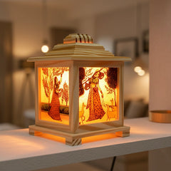 Square wooden bedside lamp made of natural pine wood, showcasing a 100% handmade Ragini gemstone art panel that creates a shimmering, multicolored light effect when illuminated.