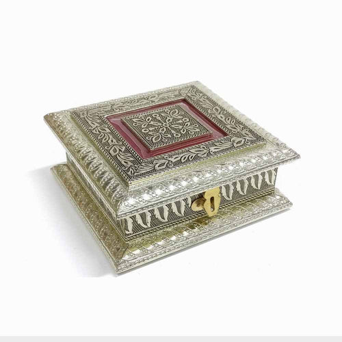 Handmade wooden dry fruit box with 4 partitions for chocolates, 15x15x7cm Jaipur artisan craft