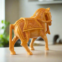 A handmade wooden showpiece of a horse, a great addition to your home decor.