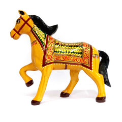 Handmade wooden walking horse sculpture with artistic craftsmanship.