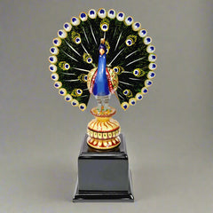 Hand-painted wooden peacock spreading its wings, crafted from dried wood, ideal as a decorative bird showpiece and gift.