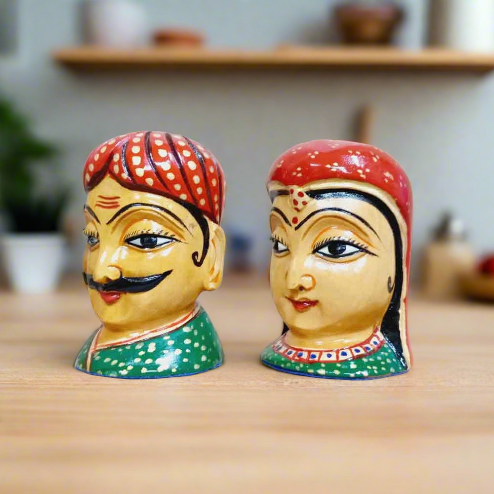 Miniature wooden Rajasthani couple statues, hand-painted ethnic décor
