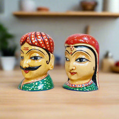 Miniature wooden Rajasthani couple statues, hand-painted ethnic décor