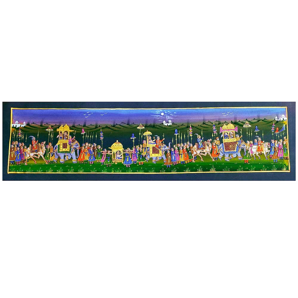 A historical Mughal procession art piece on silk, a thoughtful and unique gift.