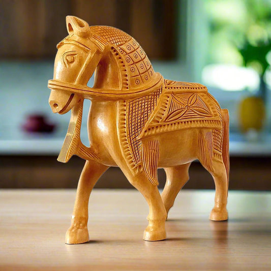 A meticulously hand-carved wooden figurine of a walking horse, ideal for decor.