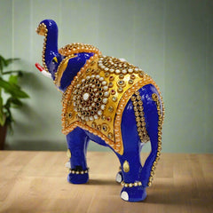 Decorative Metal Elephant Statue with Meenakari Enamel Work and Multicolor Stones