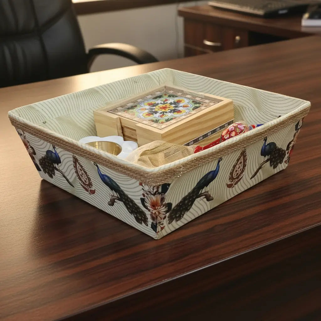 Top View of Premium Rajasthani Gift Hamper — Blue Pottery, Marble Diya & Meenakari Peacock
