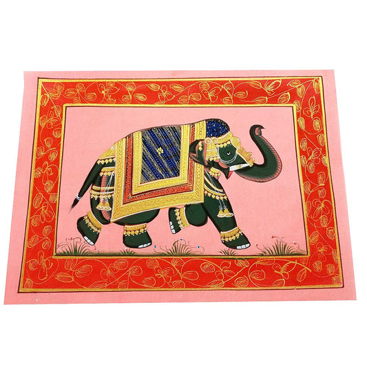 A traditional Indian hand-painted silk art piece featuring an elephant.