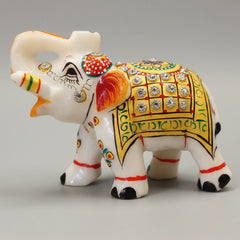 Decorative Makrana marble elephant with stone work, ideal for luxury home interiors.