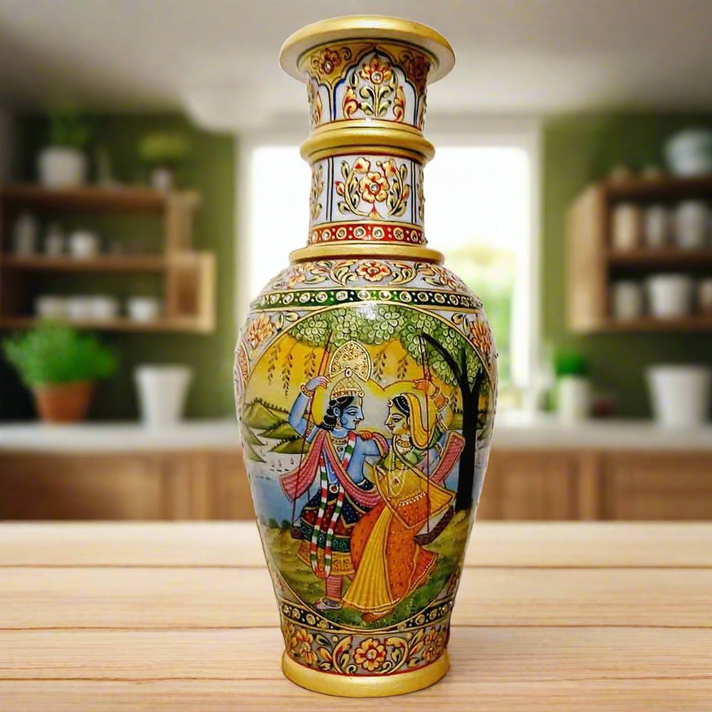 Elegant handcrafted marble vase with Radha Krishna motif