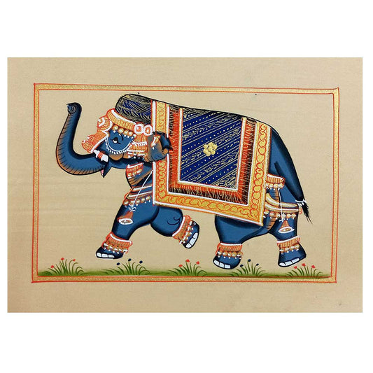 An intricate Indian elephant painting on silk, a stunning and unique work of art.