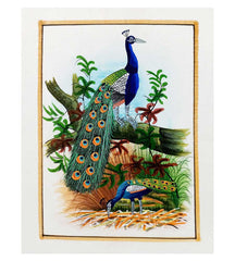 An intricate silk painting featuring various bird species such as peacocks.