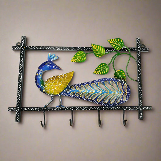 Iron Peacock Key Holder Wall Mount – Colorful Metal Key Organizer for Home Decor